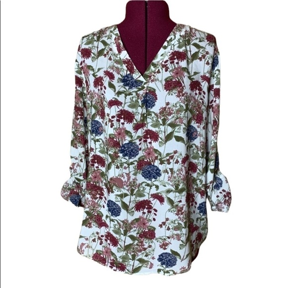 Brina & Em floral V-neck Roll Tab sleeve 100% Rayon Top - Picture 1 of 6